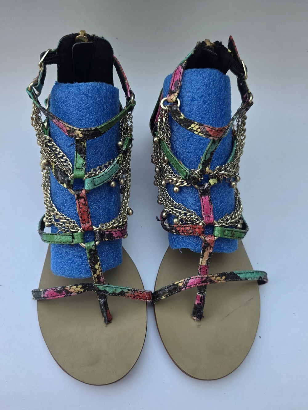Multicolor Gladiator Sandals Snake Print Gold Chain Accents Boho Festival Size 9